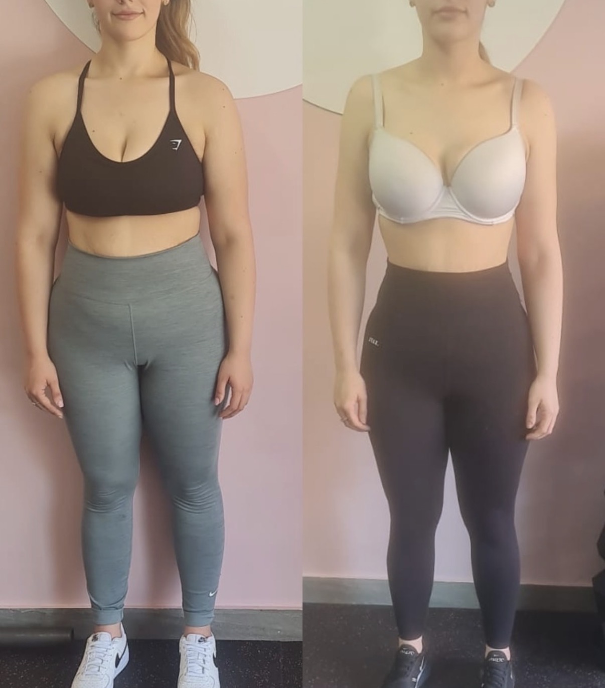 Side-by-side before and after photos showing a Fit & Feminine coaching client's progress