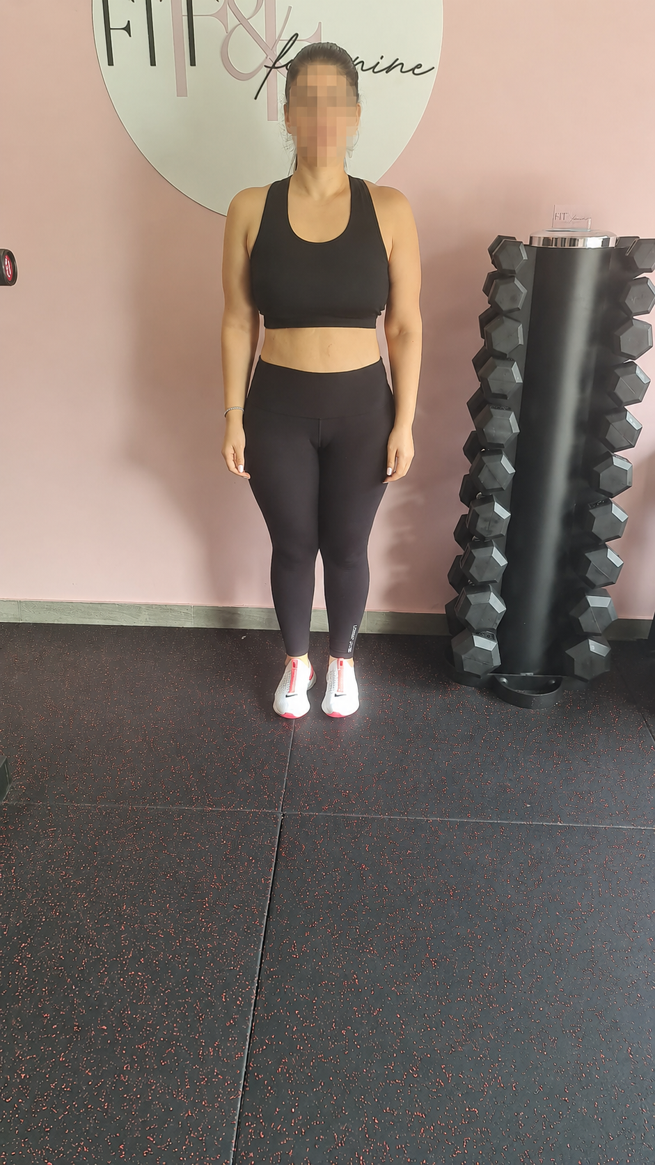 After photo showing a Fit & Feminine coaching client's progress with her face blurred for privacy