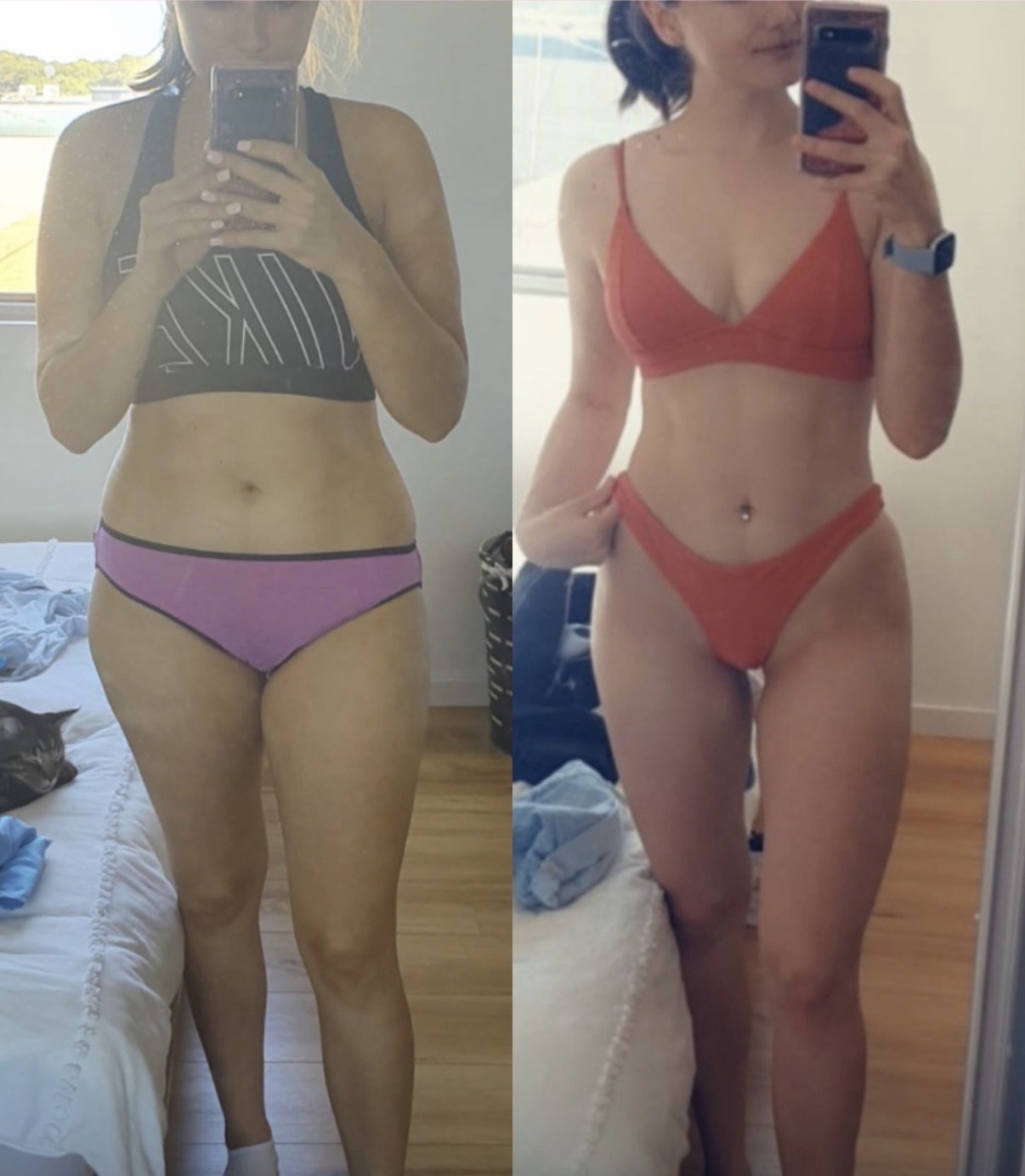 Side-by-side before and after mirror photos showing a Fit & Feminine coaching client's progress