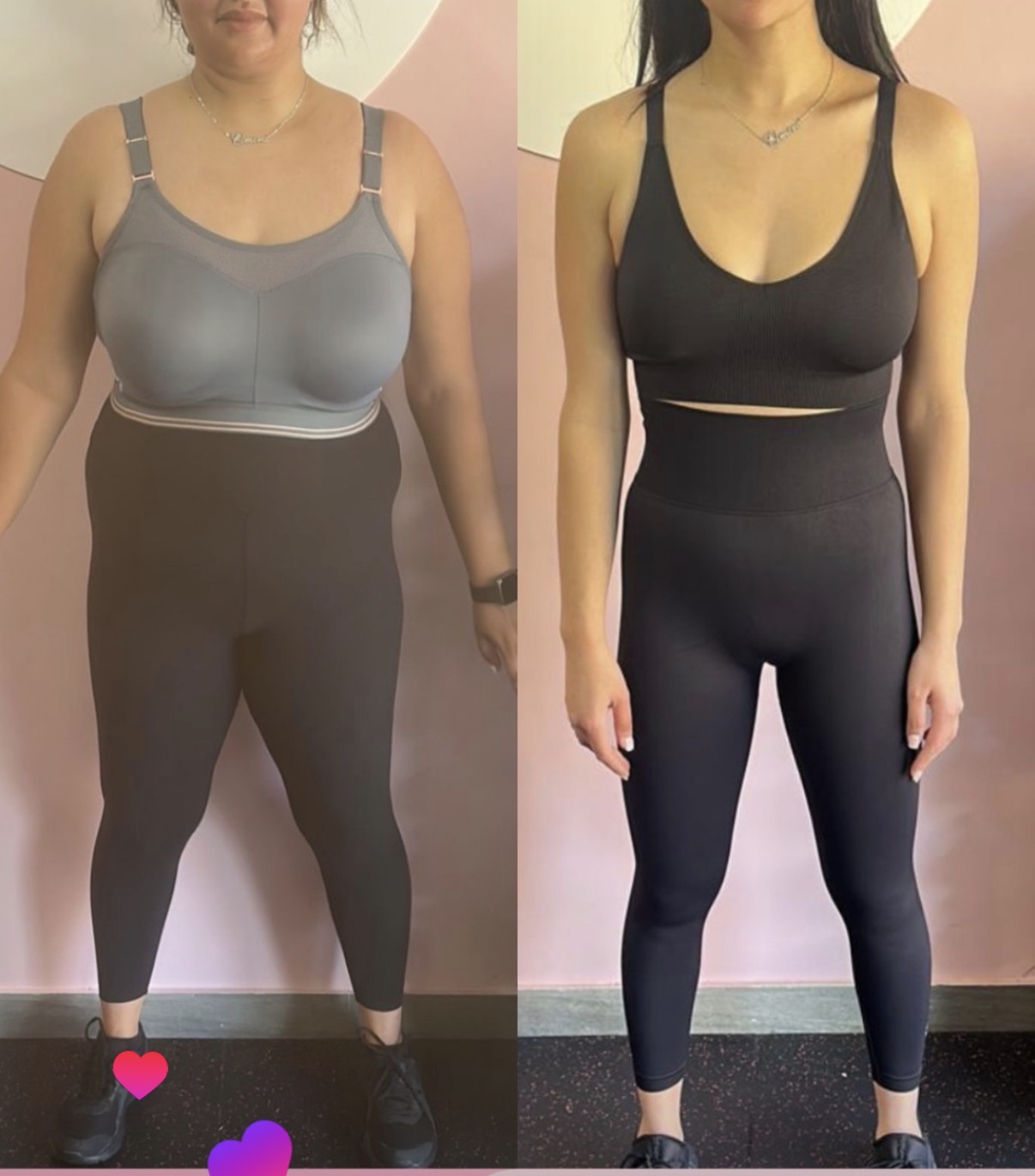 Front-view before and after photos showing a Fit & Feminine coaching client's progress