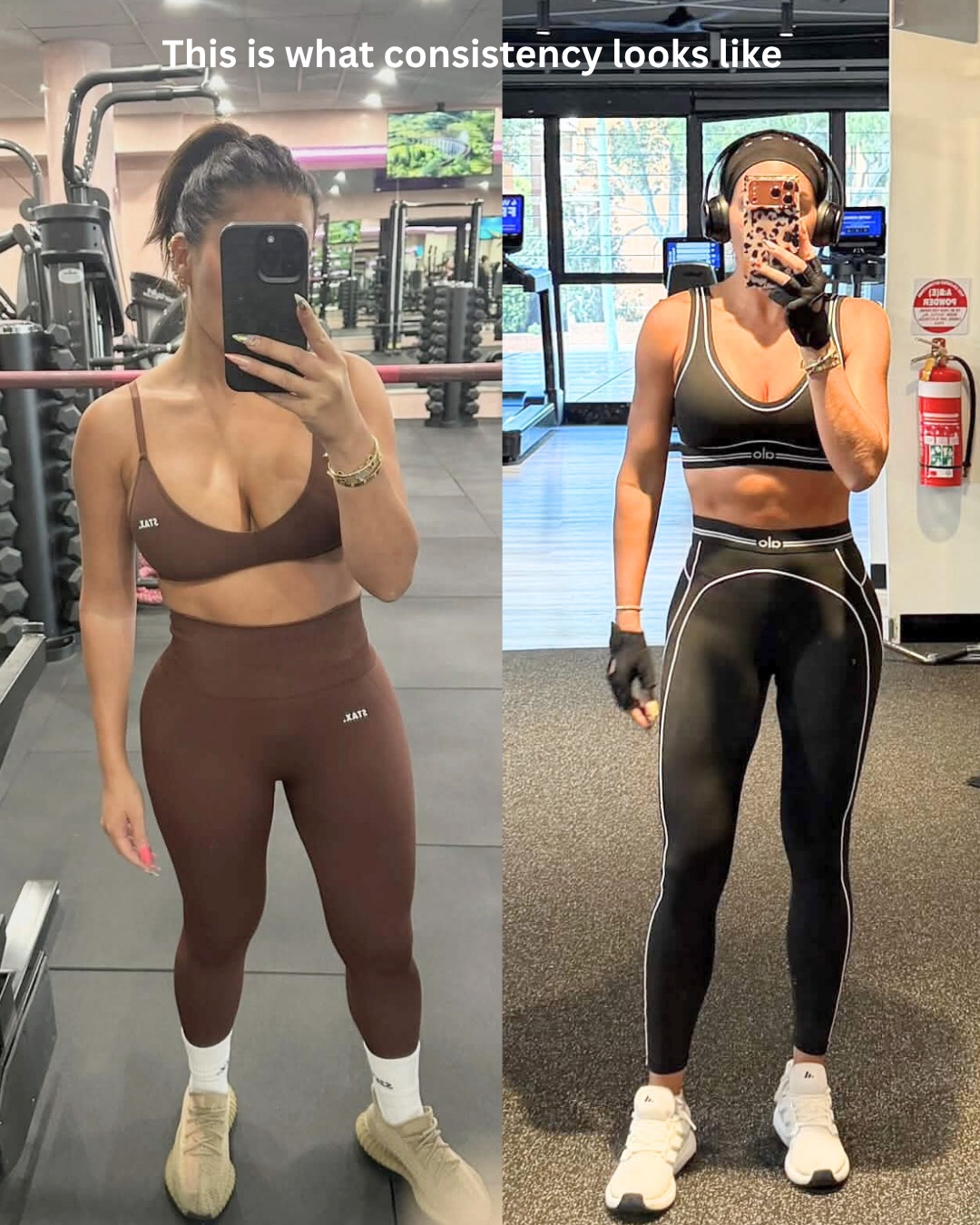 Side-by-side before and after photos showing a Fit & Feminine coaching client's progress in the gym